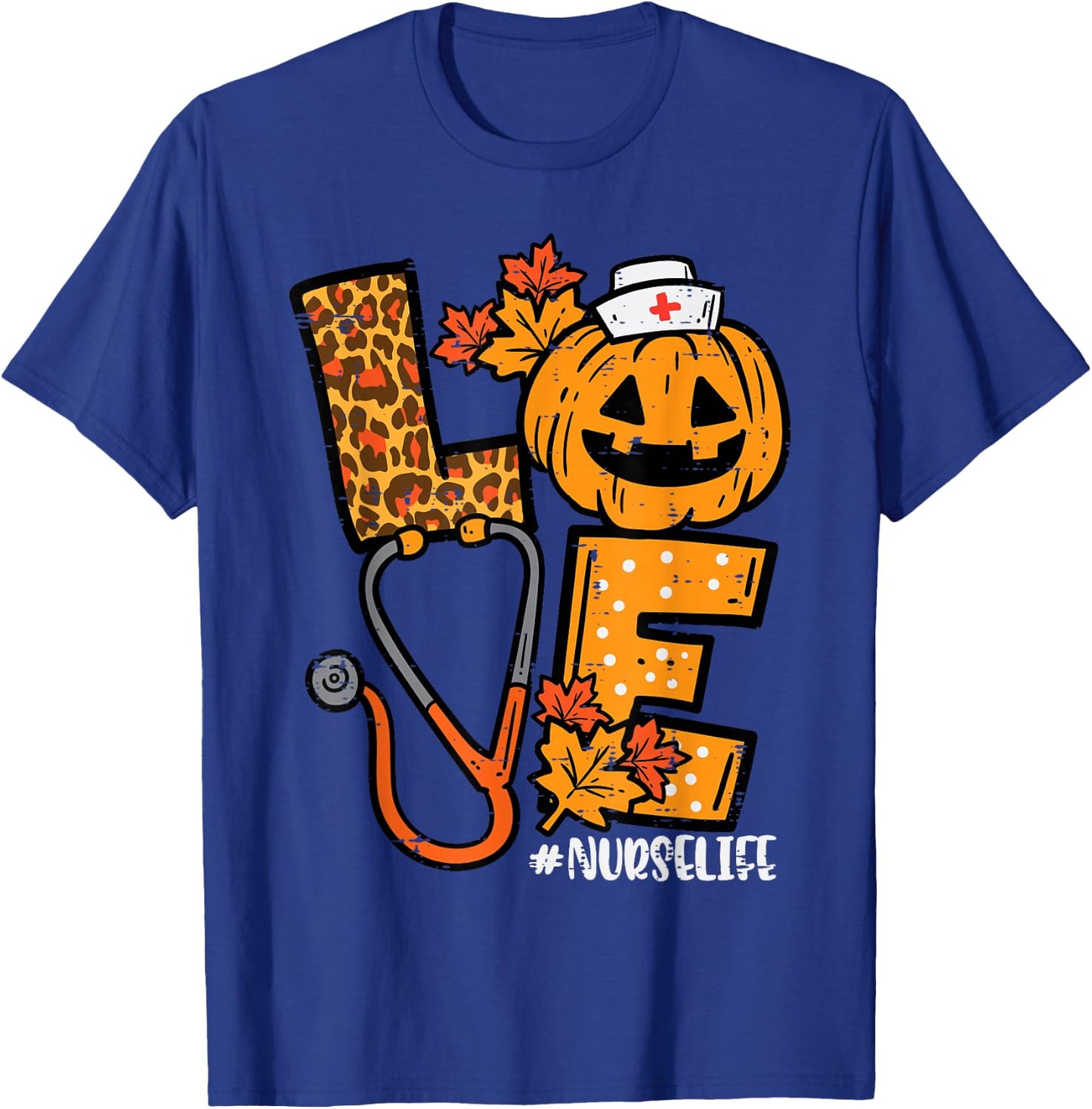 Leopard Pumpkin Nurse Halloween Costume Fall Scrub Top Women T-Shirt - T-Shirt | Royal