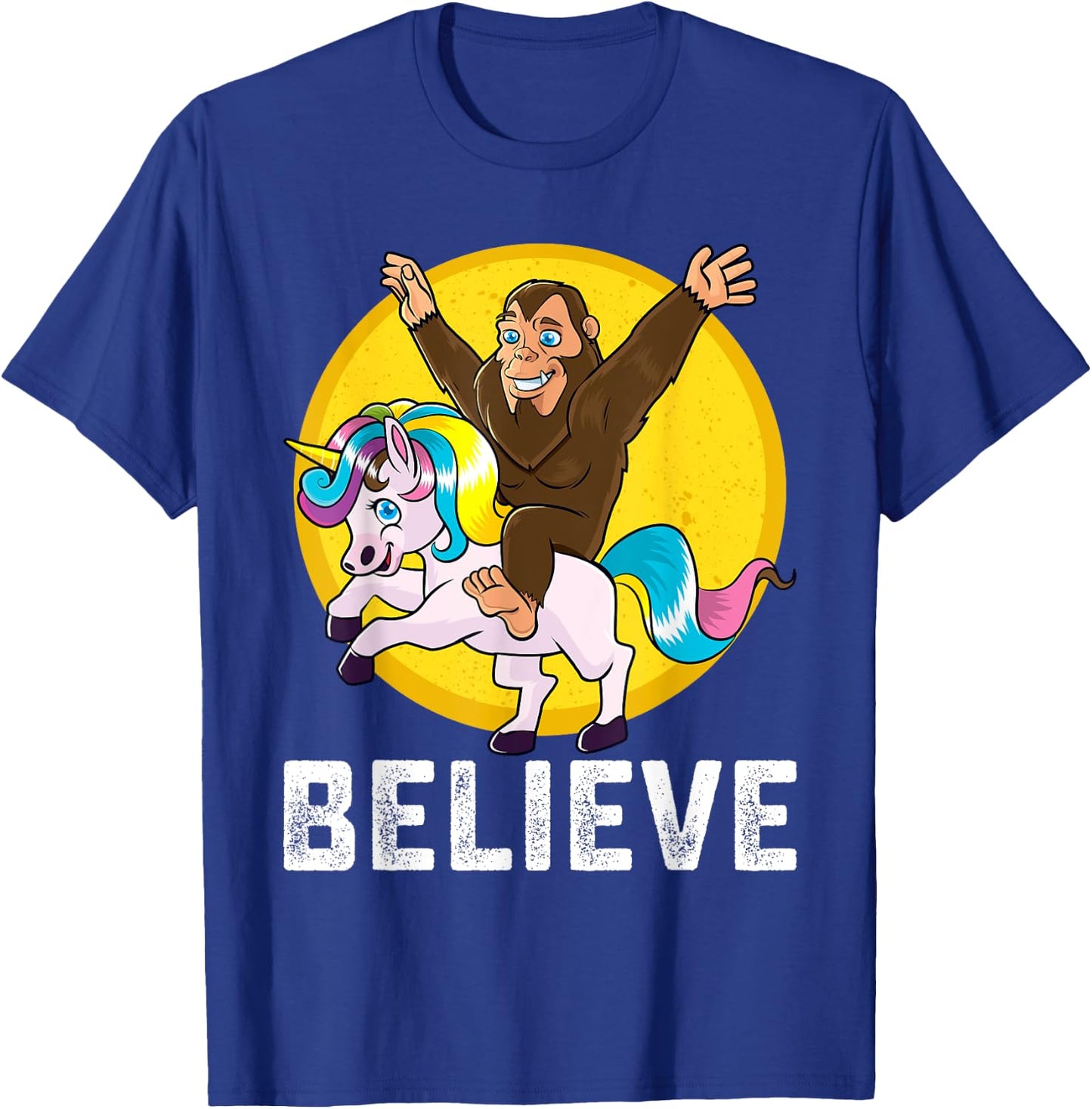 BigFoot Riding Unicorn Believe Sasquatch Men Women Kids T-Shirt - T-Shirt | Royal