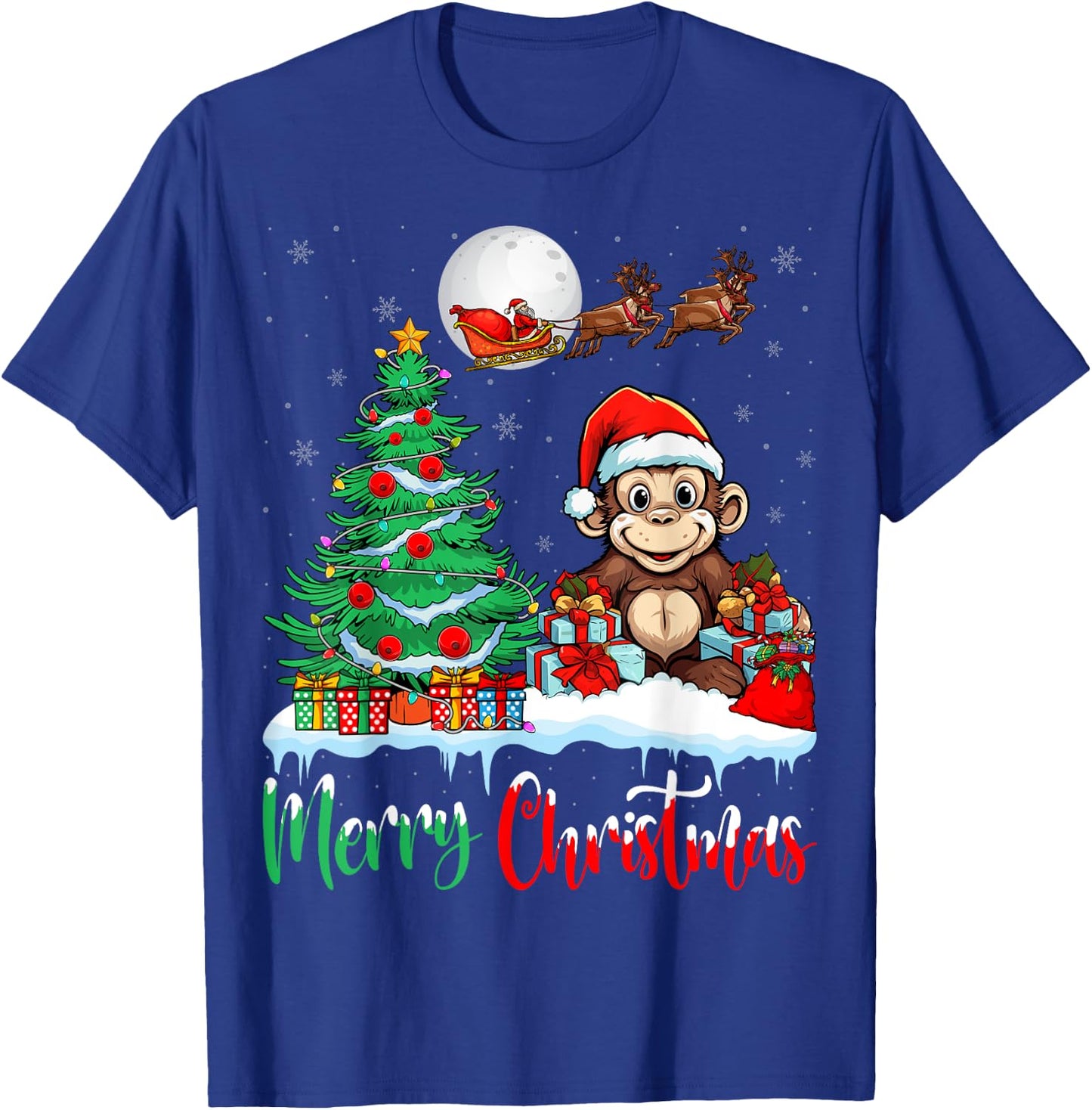 Monkey Santa Hat Xmas Lights Merry Christmas Monkey T-Shirt - T-Shirt | Royal