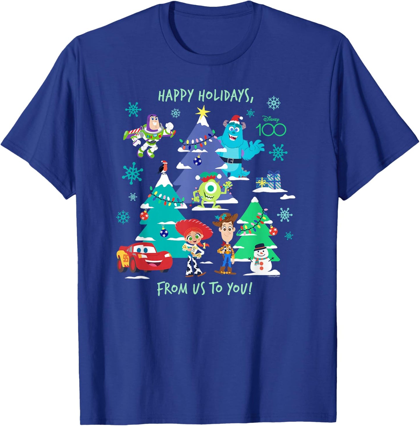 Disney 100 and Pixar Christmas Happy Holidays from Us to You T-Shirt - T-Shirt | Royal