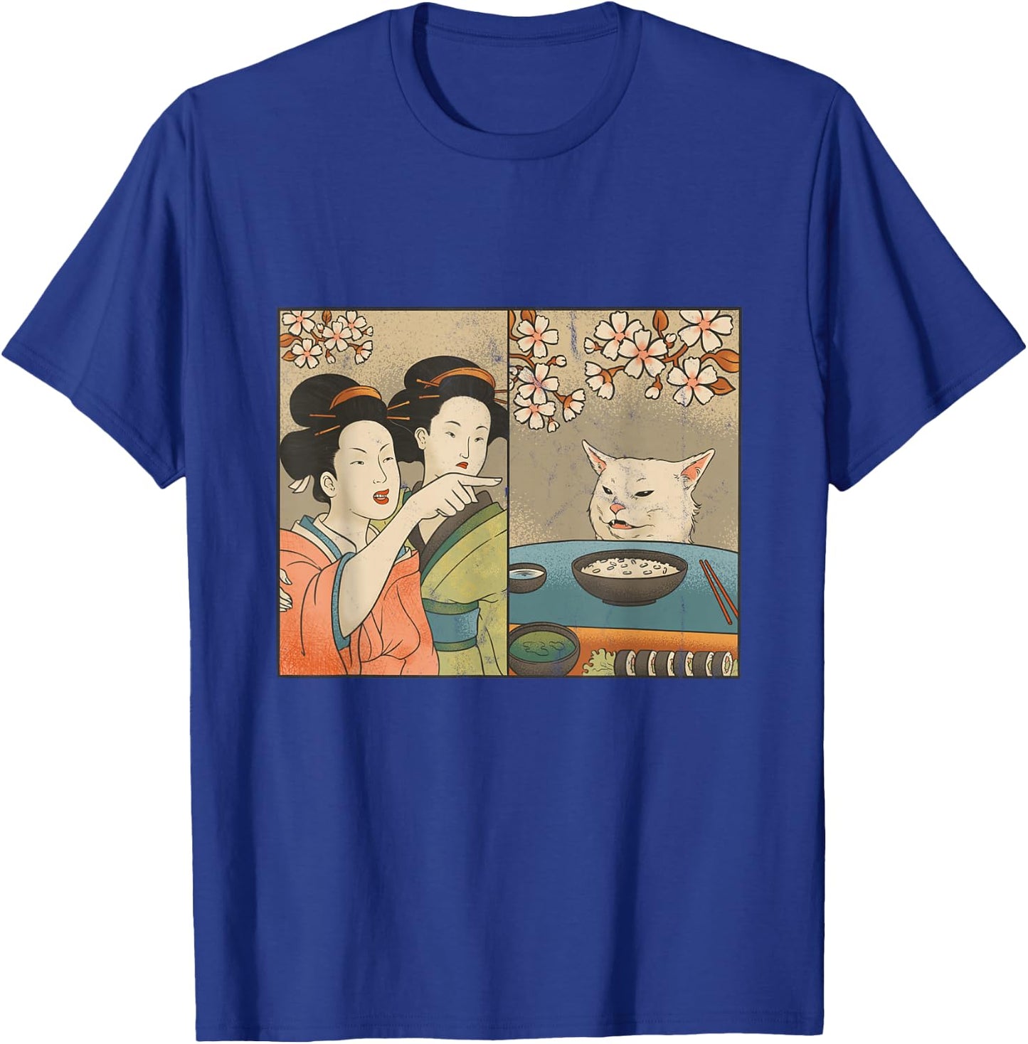 Japanese Art Cherry Blossom Cat and Sushi T-Shirt - T-Shirt | Royal