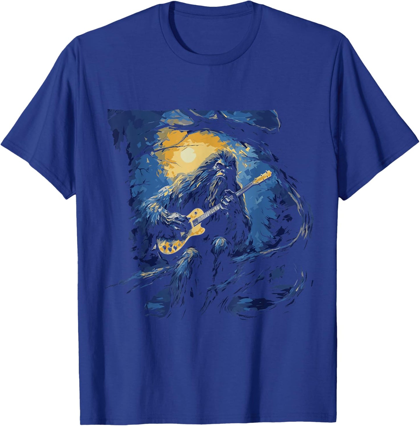 Bigfoot Playing a Guitar Starry Night Funny Sasquatch Rocker T-Shirt - T-Shirt | Royal