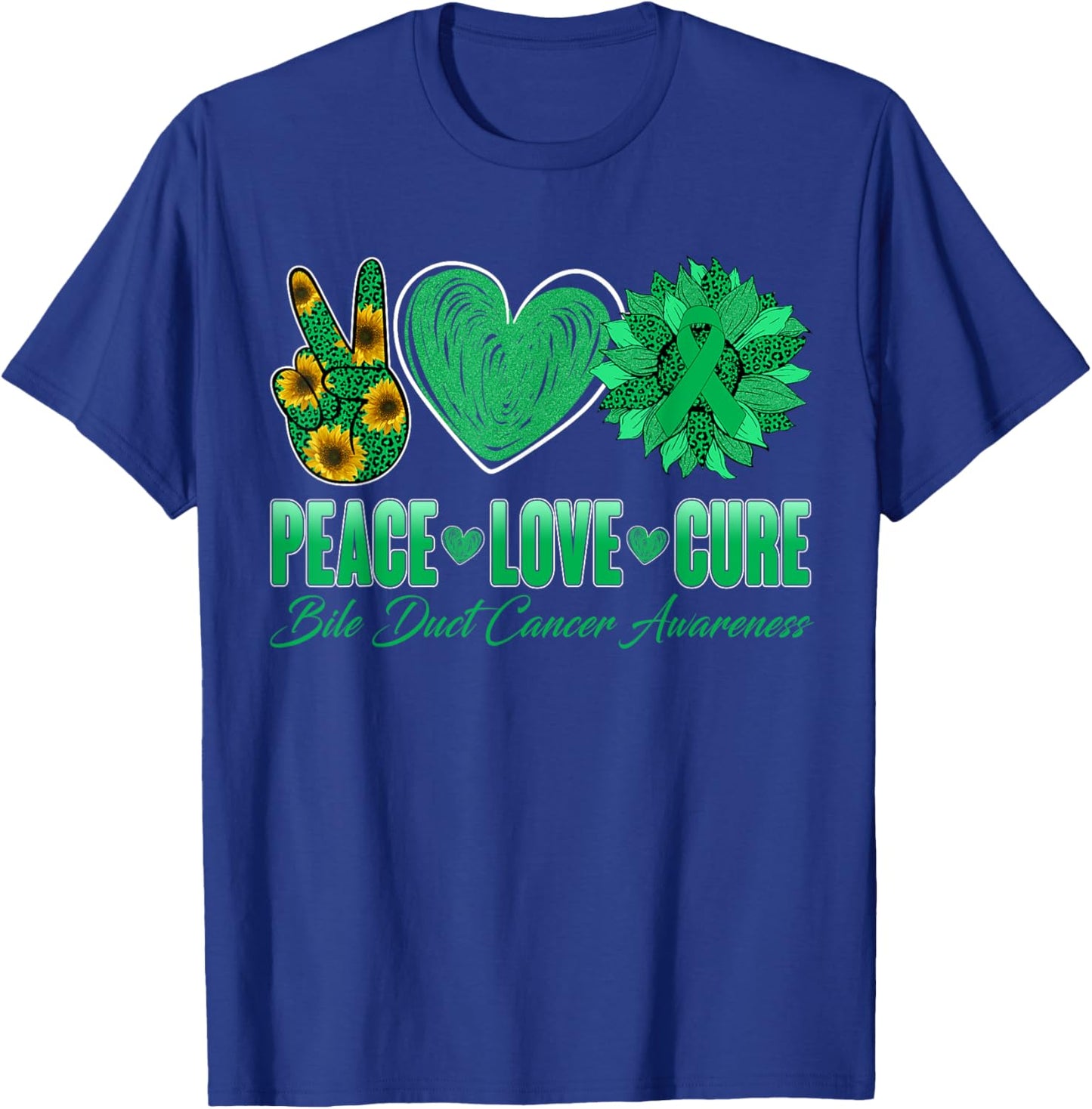 Peace Love Cure Sunflower Bile Duct Cancer Awareness Warrior T-Shirt - T-Shirt | Royal