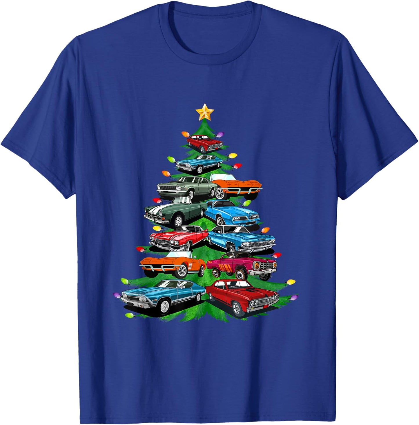 Car Madness Christmas Tree -Classic Muscle Cars and Hotrods T-Shirt - T-Shirt | Royal