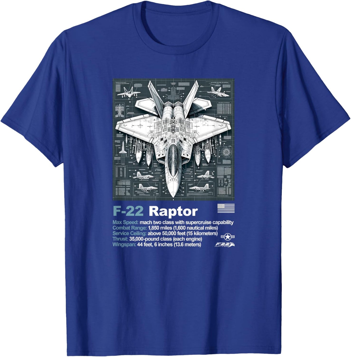 F22 Raptor Fighter Jet Blueprint Technical Drawing & Specs T-Shirt - T-Shirt | Royal