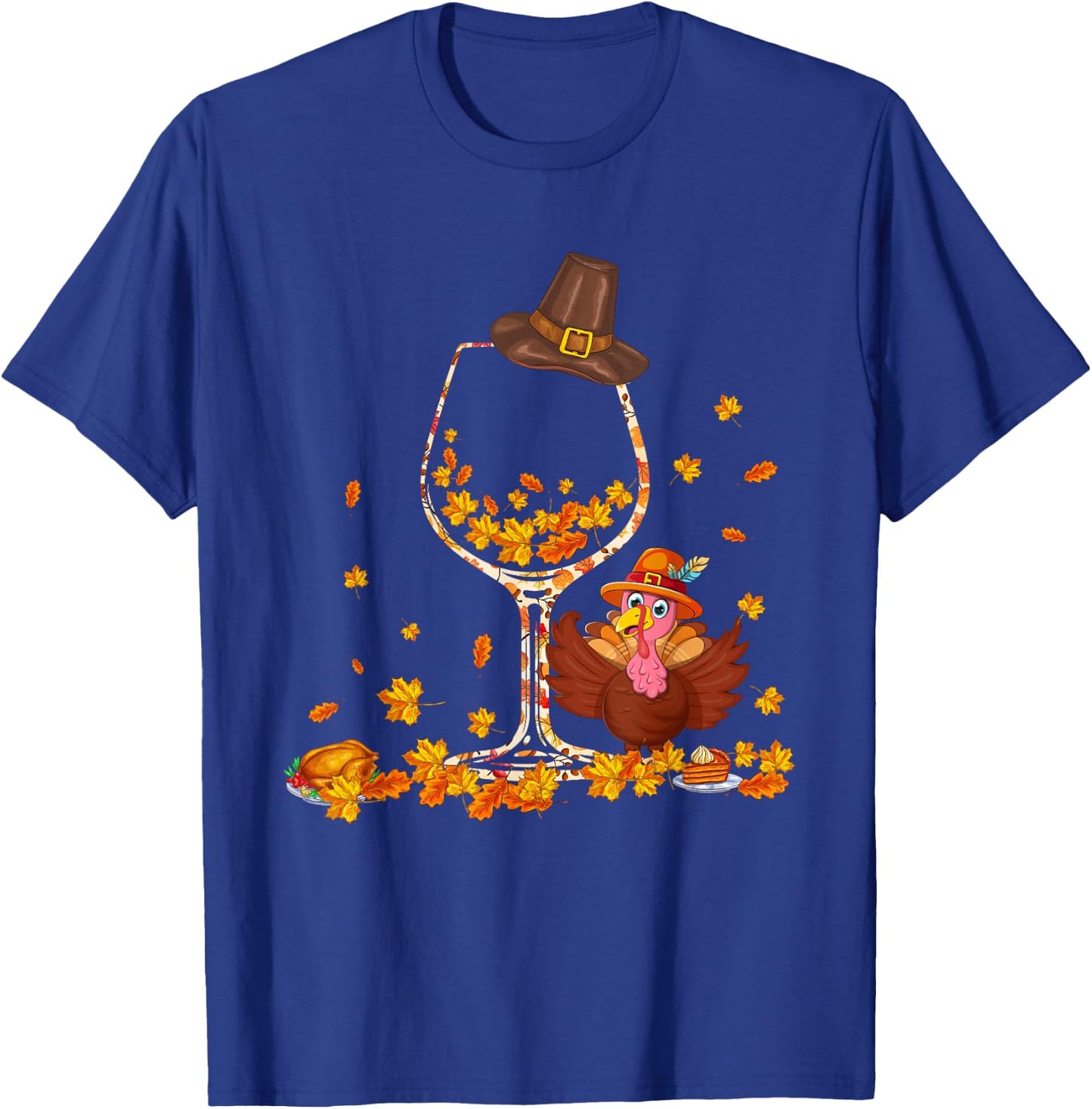 Fall Leaves Floral As Wine Glasses Shape Thanksgiving Turkey T-Shirt - T-Shirt | Royal