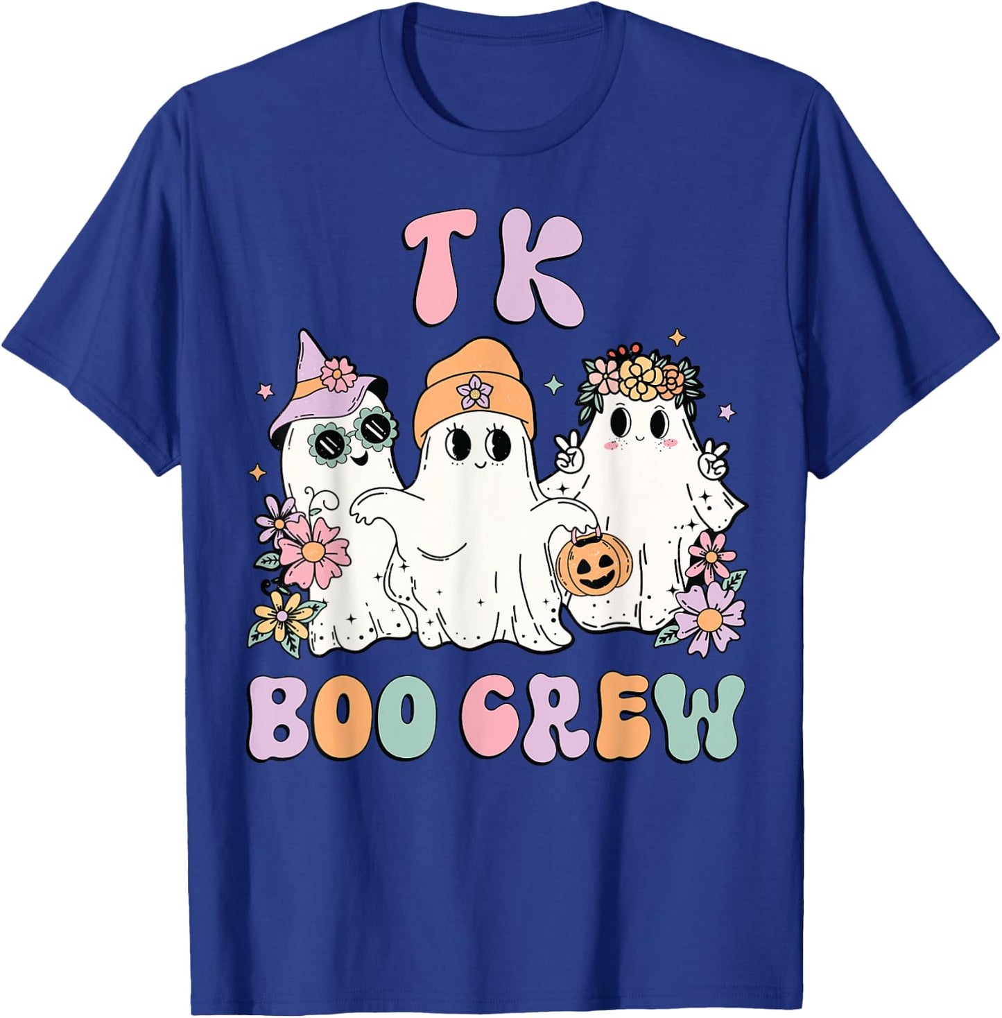 TK Boo Crew Retro Groovy Halloween Floral Ghost TK Teacher T-Shirt - T-Shirt | Royal