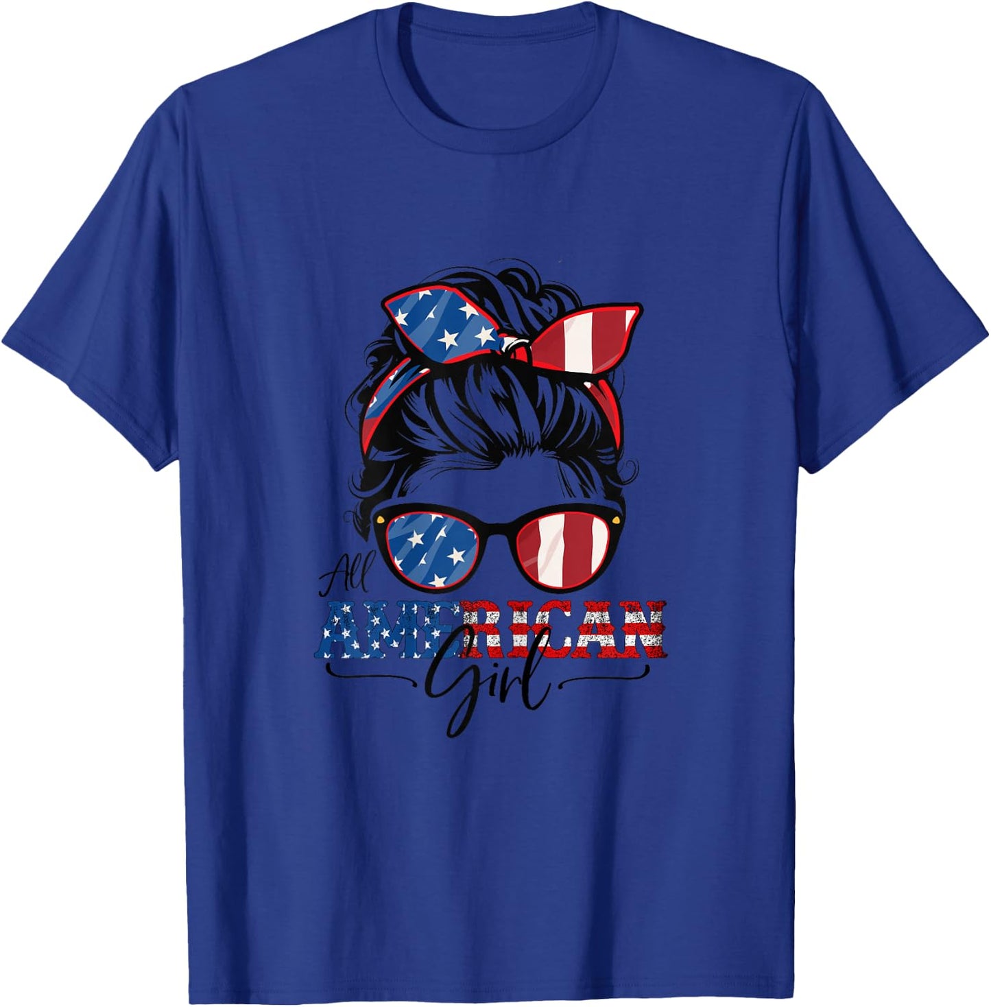 All American Girl 4th of July Women Messy Bun USA Flag T-Shirt - T-Shirt | Royal