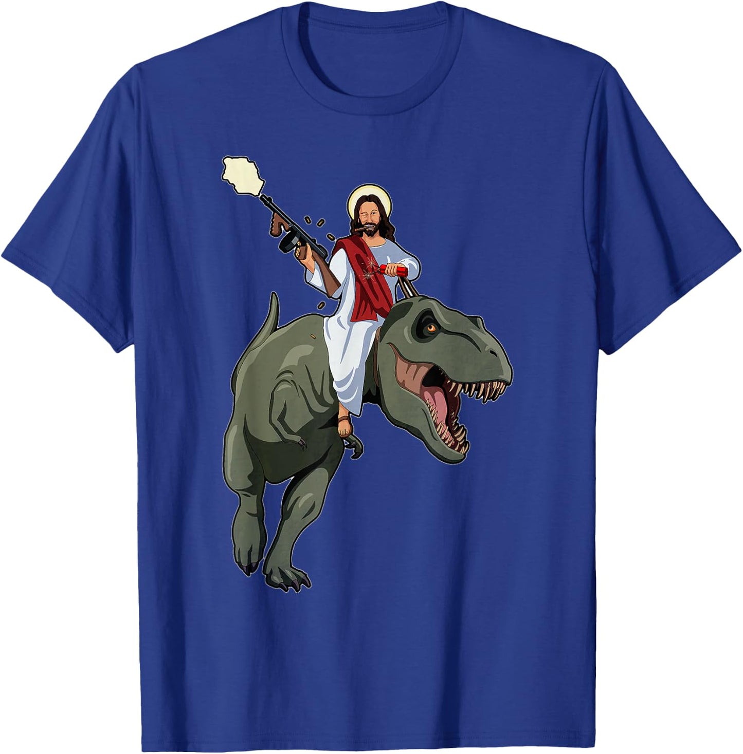 Gun Jesus Riding A T-rex Dinosaur Funny Christian Dino Lover T-Shirt - T-Shirt | Royal