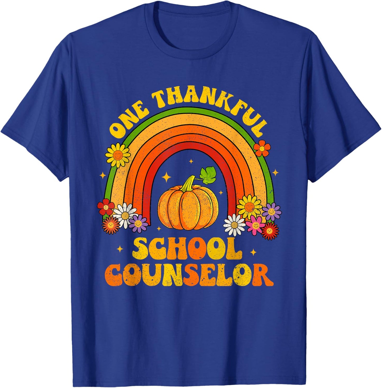 One Thankful School Counselor Groovy Rainbow Thanksgiving T-Shirt - T-Shirt | Royal