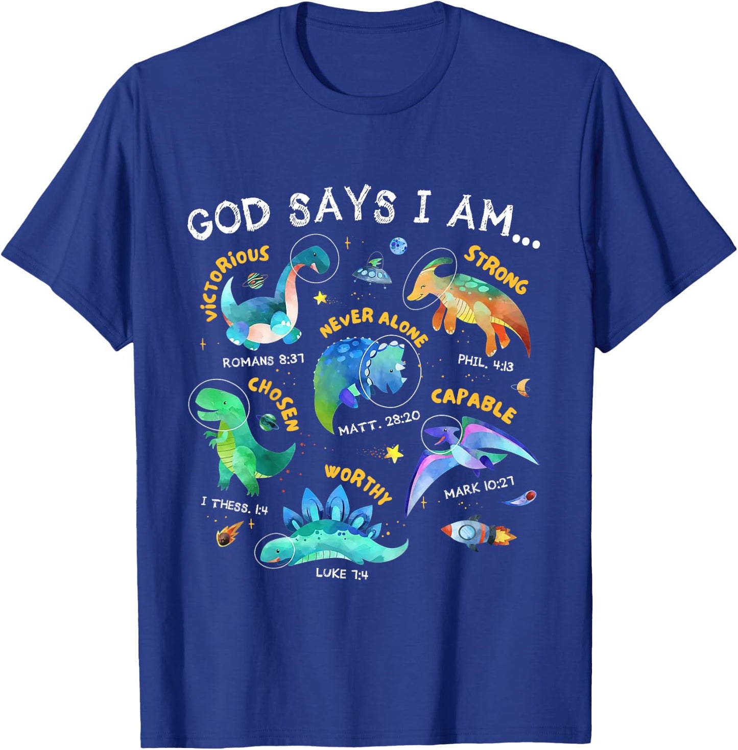 Kids God Says I Am Outer Space Dinosaur Bible Christian Boys T-Shirt - T-Shirt | Royal