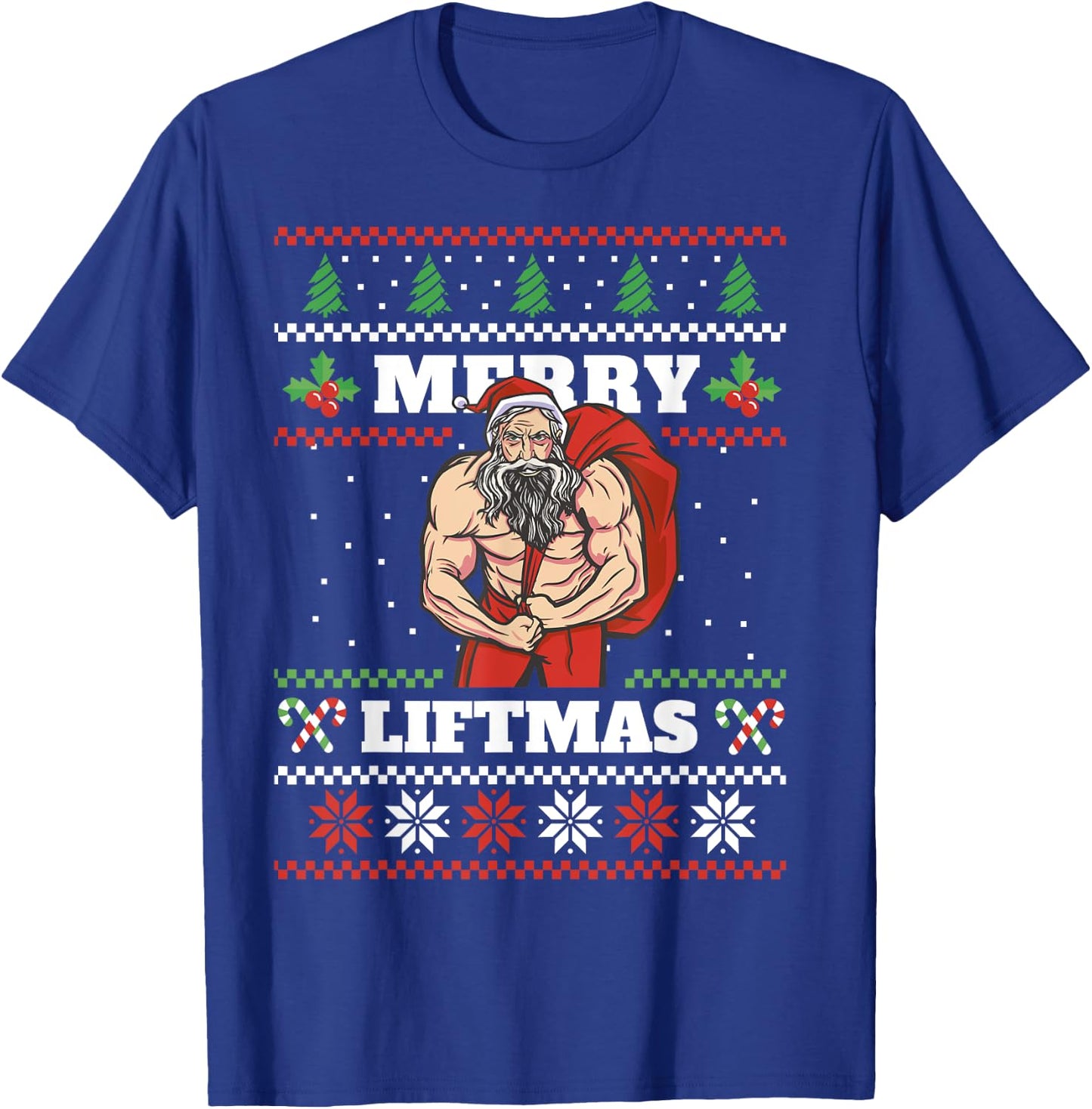 Funny Muscle Santa Lifting Christmas Ugly Christmas T-Shirt - T-Shirt | Royal