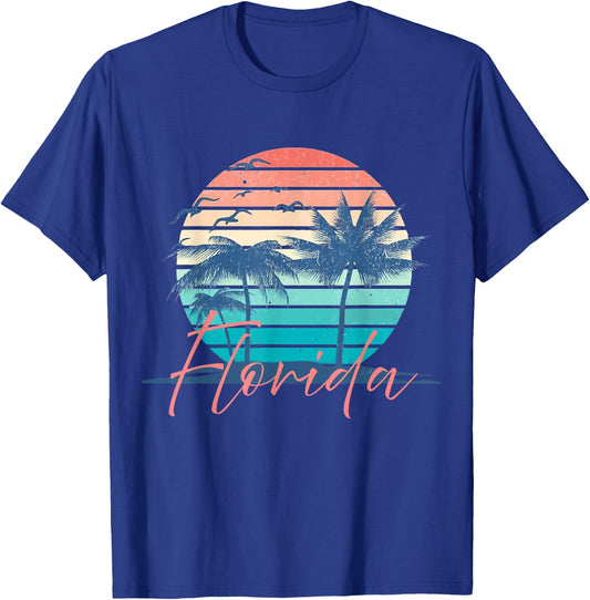Florida Vintage Summer Vibes Beach Sunset Retro Palm Tree T-Shirt - T-Shirt | Royal
