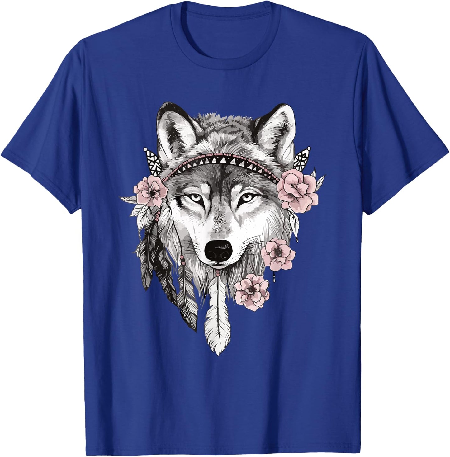 Ethnic Tribal Wolf Head Boho Feather Native American Art T-Shirt - T-Shirt | Royal