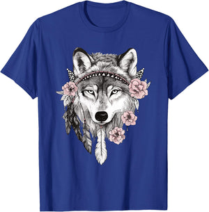 Ethnic Tribal Wolf Head Boho Feather Native American Art T-Shirt - T-Shirt | Royal
