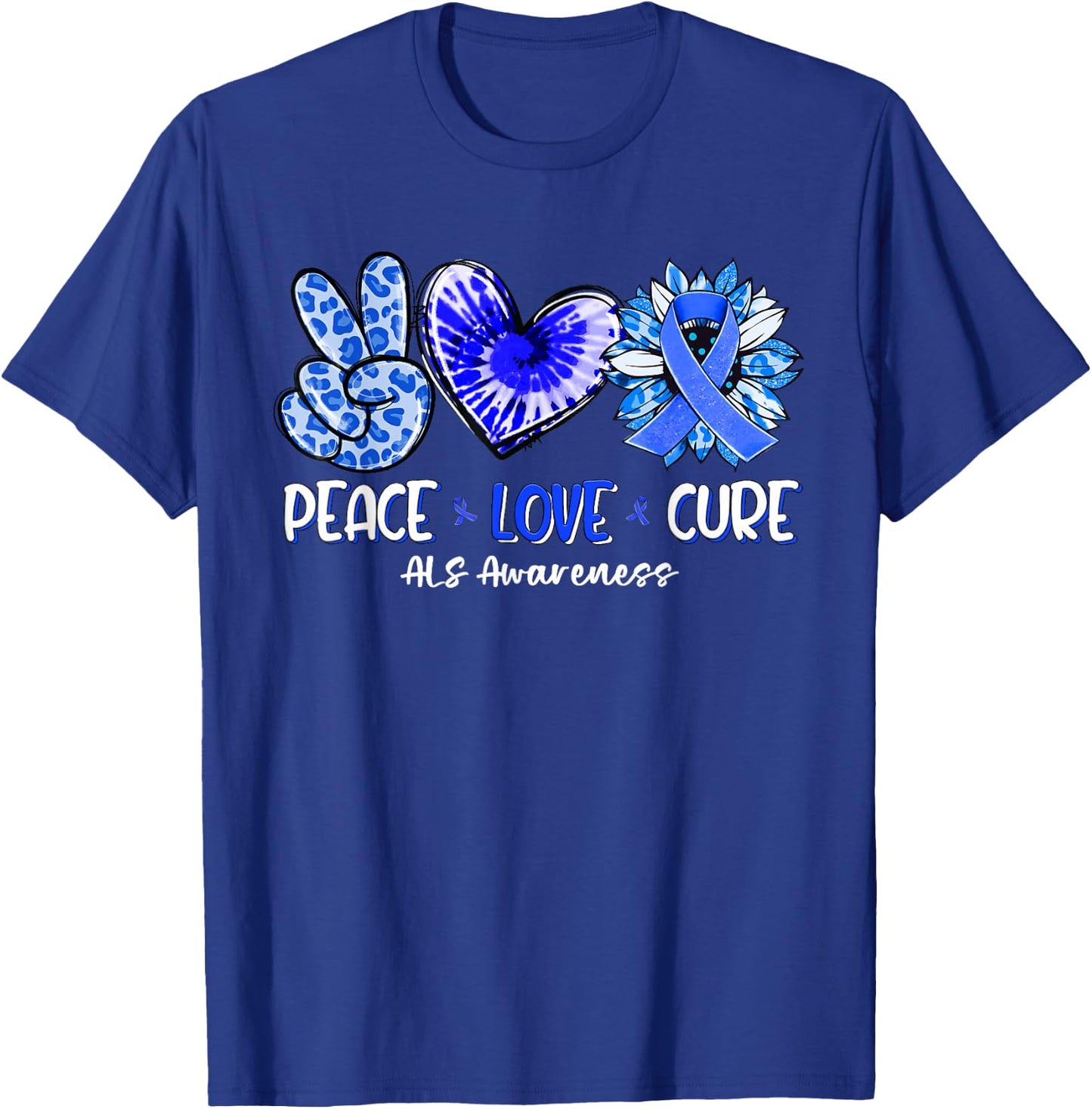 Peace Love Cure Sunflower ALS Awareness T-Shirt - T-Shirt | Royal