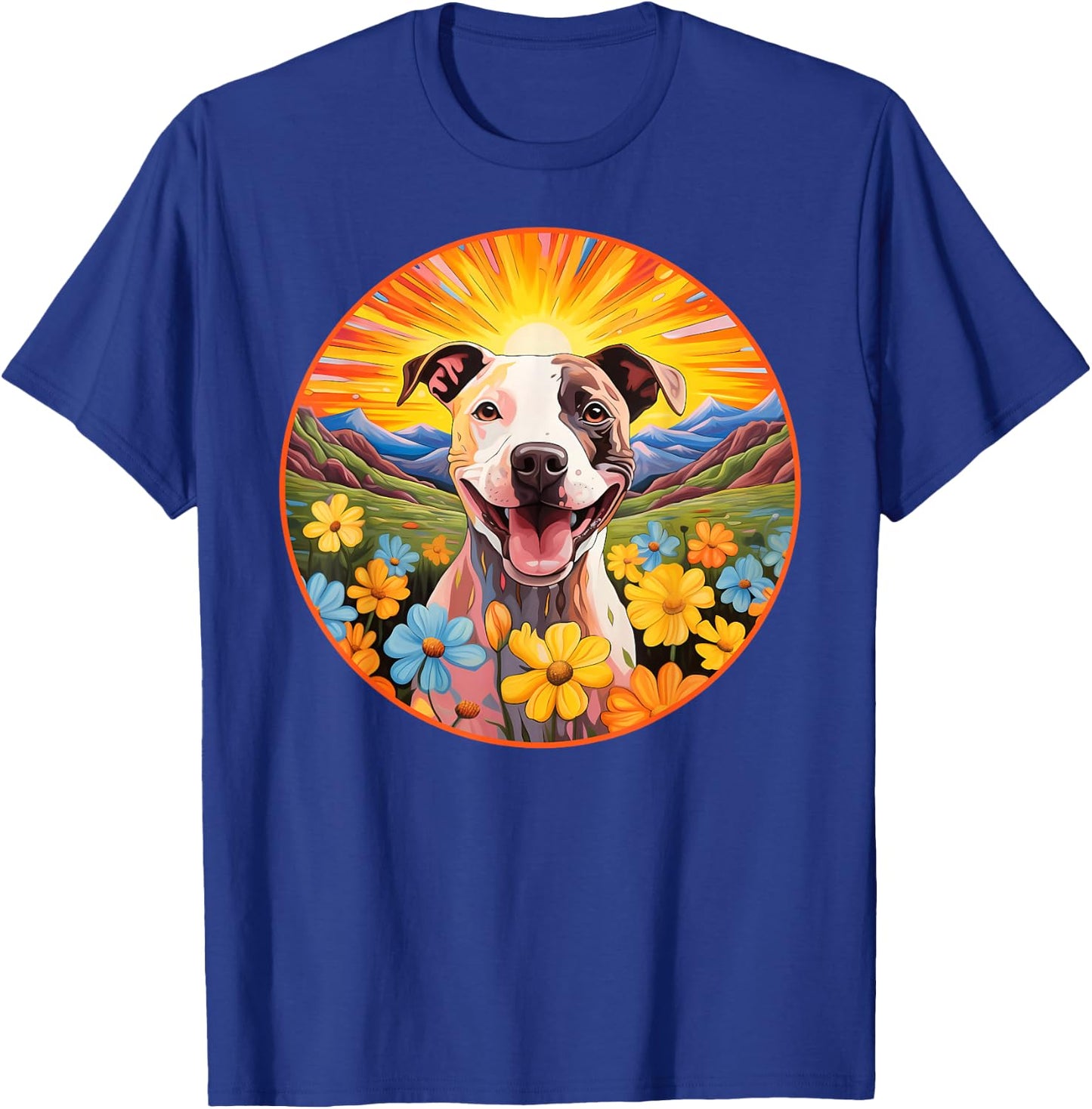 Cute Pitbull Colorful Flower Mountain Sunset Puppy Dog T-Shirt - T-Shirt | Royal