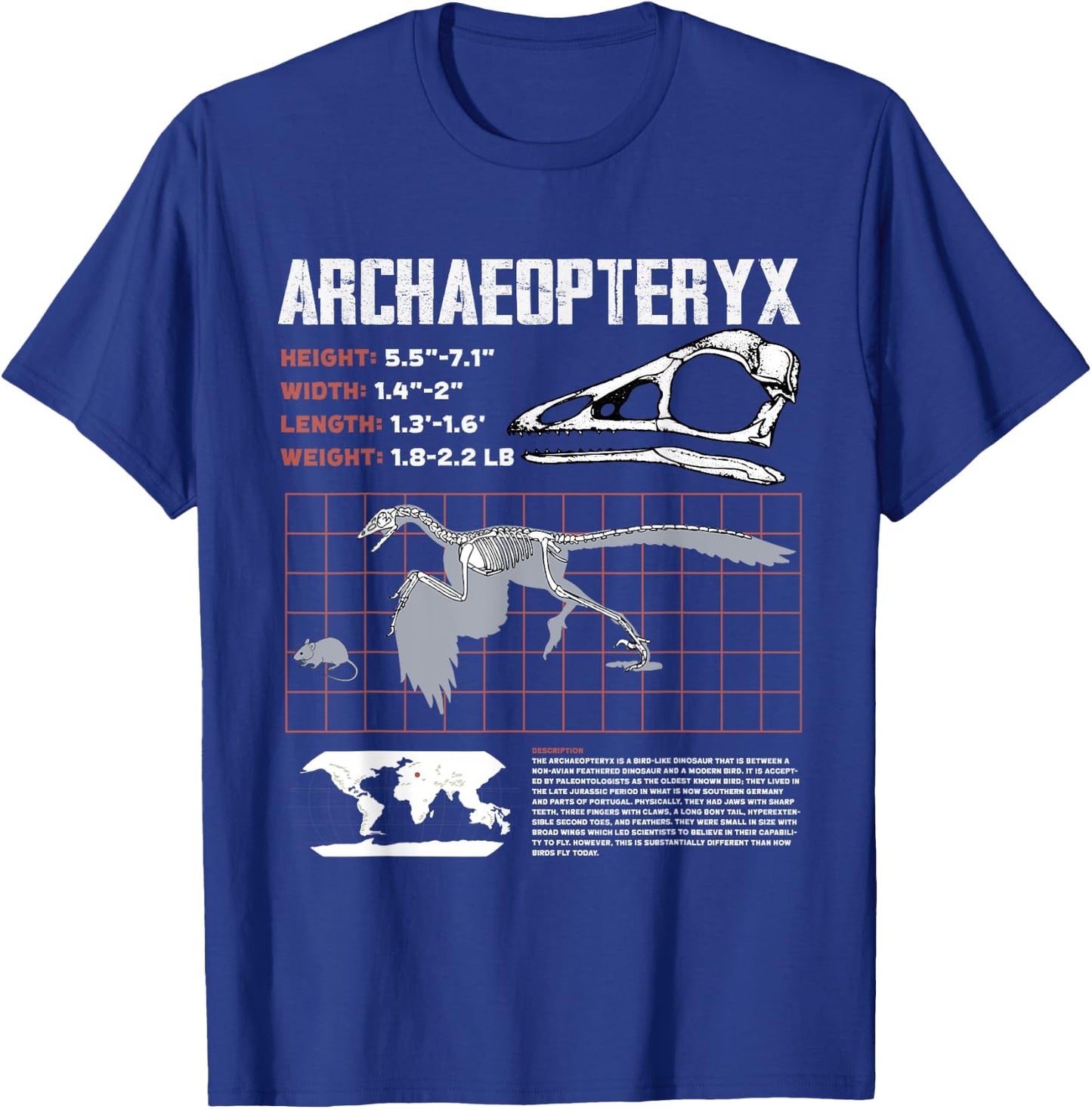 Archaeopteryx Dinosaur Facts Sheet Fossils Data T-Shirt - T-Shirt | Royal