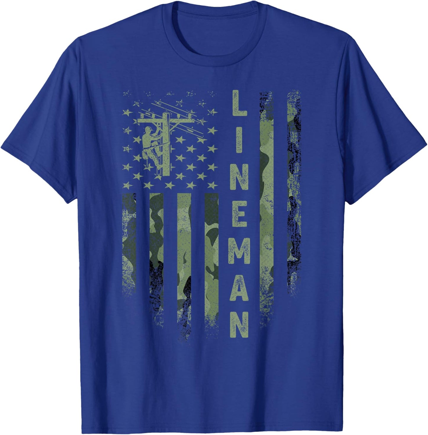 USA Camo Flag Electric Cable Lineman Silhouette Distressed T-Shirt - T-Shirt | Royal