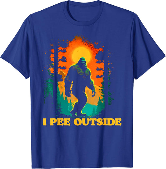 I Pee Outside Funny Bigfoot Hiking Sasquatch Retro Sunset T-Shirt - T-Shirt | Royal