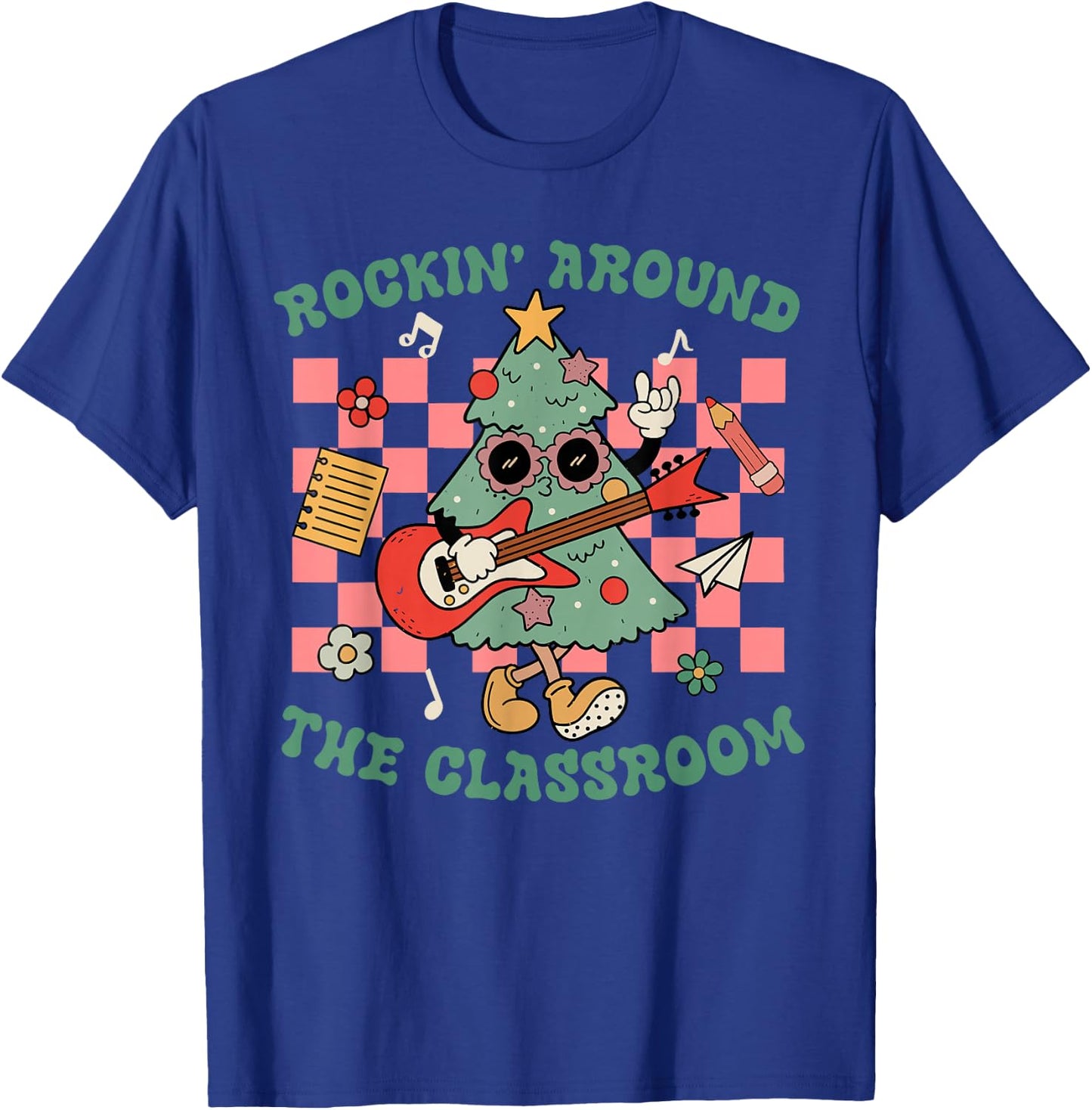 Retro Groovy Teacher Christmas Rockin' Around The Classroom T-Shirt - T-Shirt | Royal