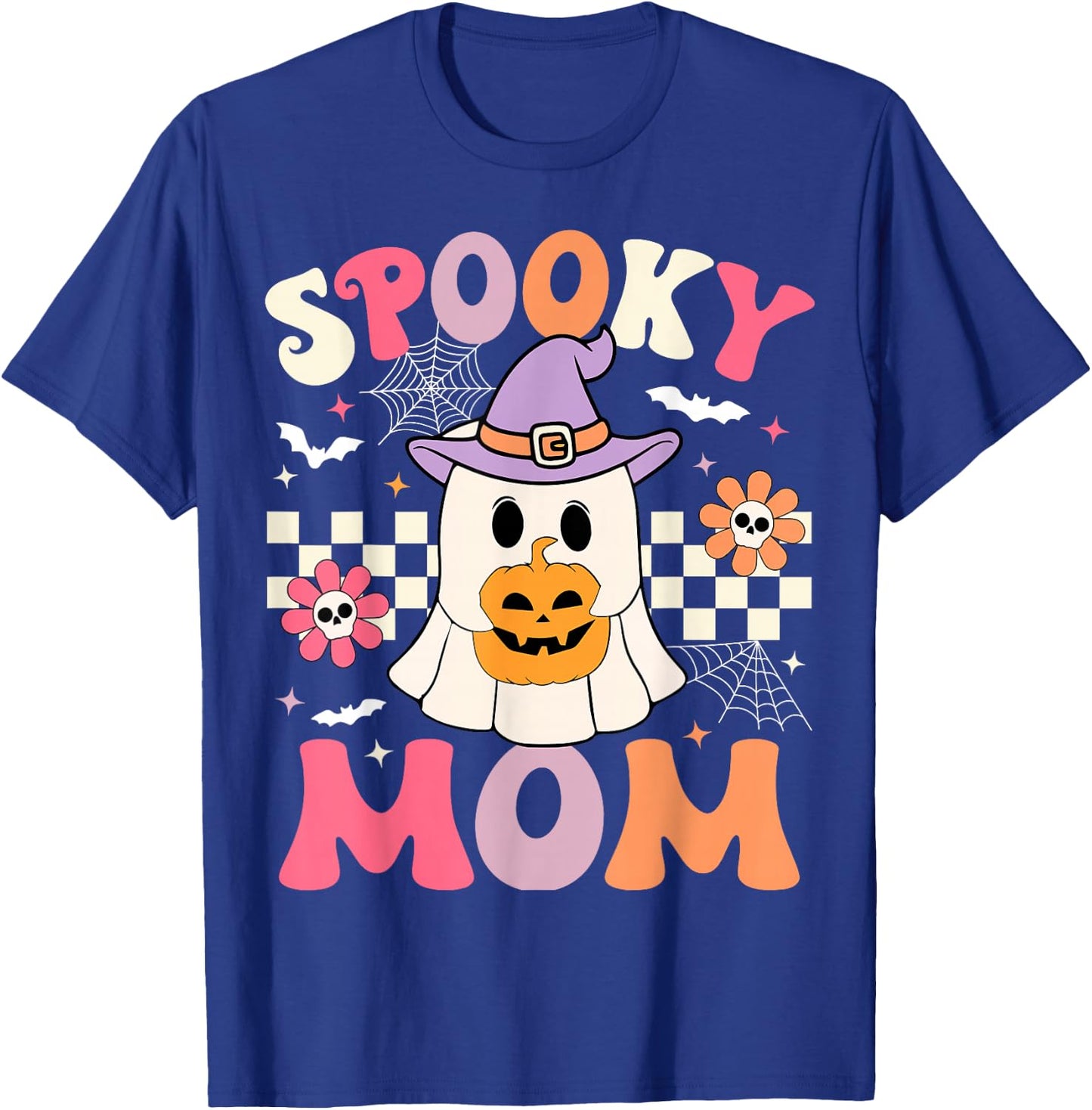 Groovy Spooky Mom Retro Ghost Holding Pumpkin Halloween T-Shirt - T-Shirt | Royal