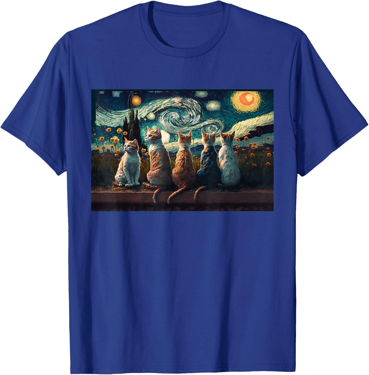 cats painting art sitting Starry Night kitty kitten Van Gogh T-Shirt - T-Shirt | Royal
