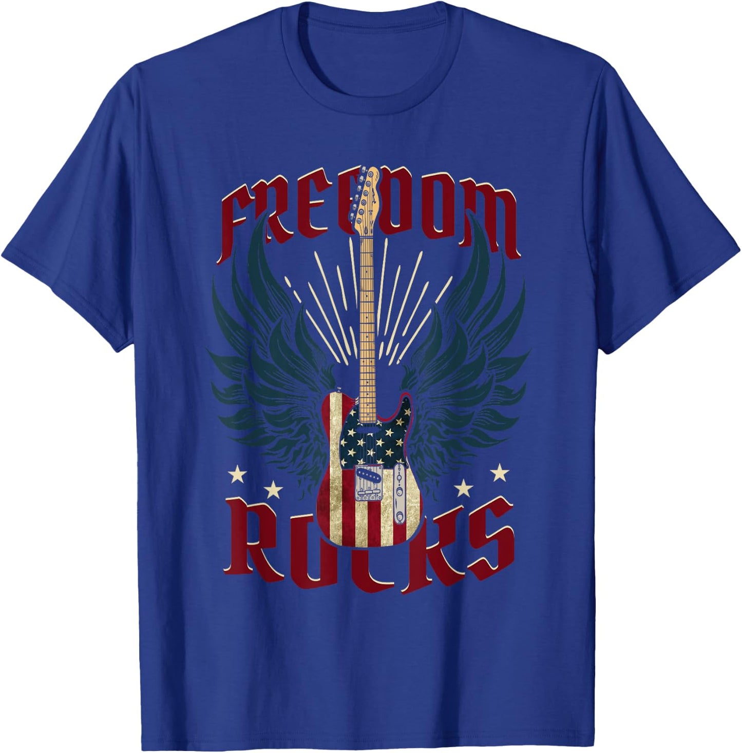 Freedom Rocks Patriotic 4th Of July American Flag Guitar Women Kids Men T-Shirt - T-Shirt | Royal