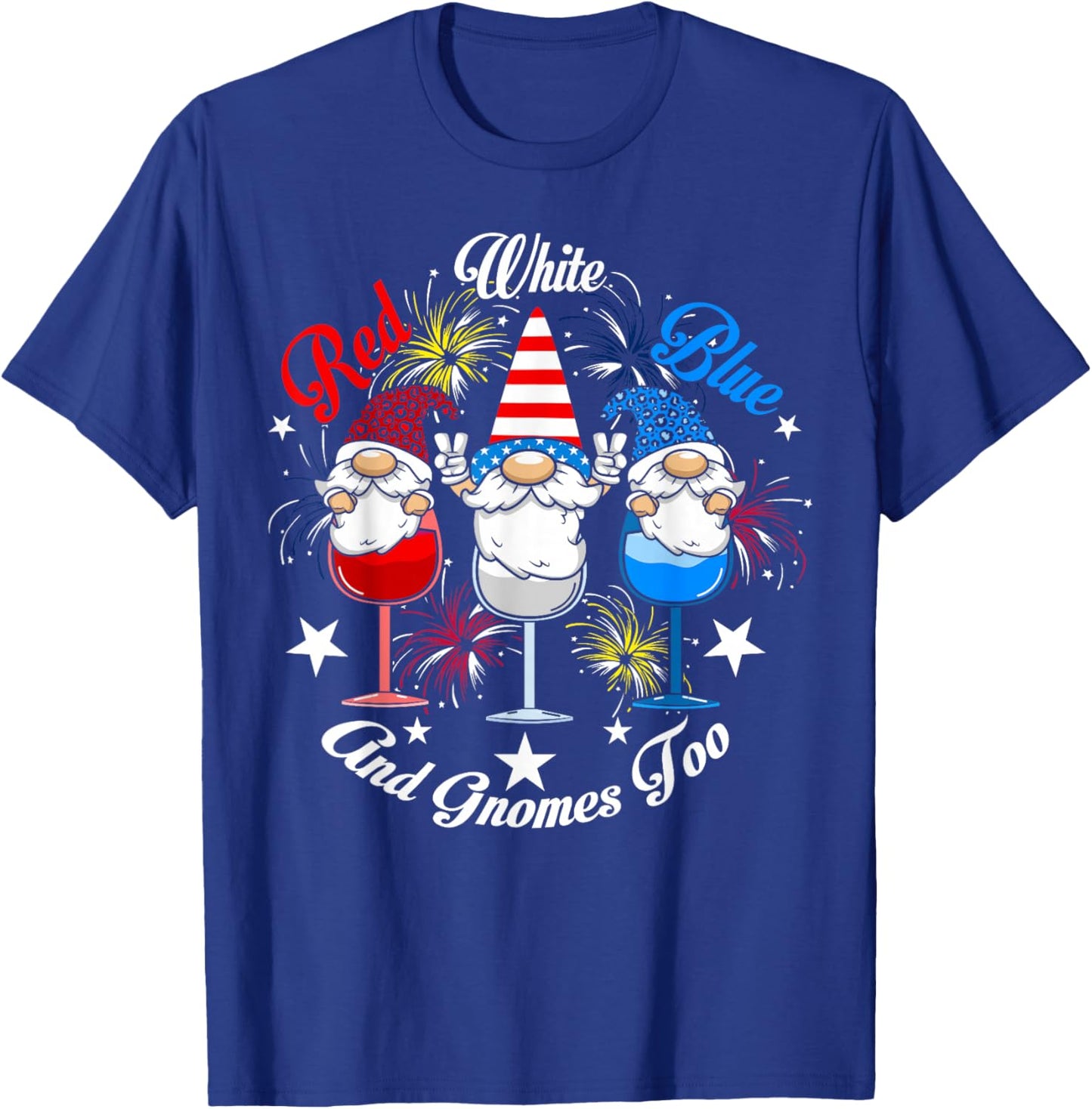 Red White Blue Gnomes Too 4th of July Wine Glass USA Flag Men T-Shirt - T-Shirt | Royal