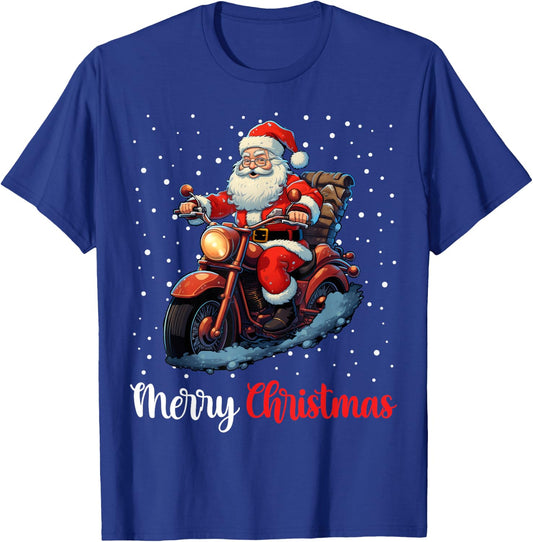 Merry Christmas Santa Riding Motorcycle Biker T-Shirt - T-Shirt | Royal