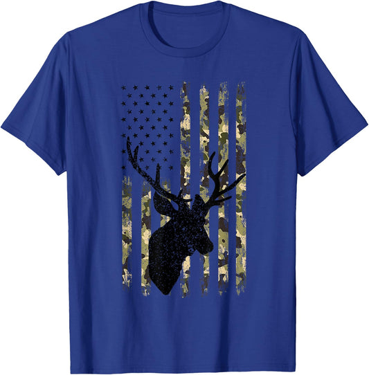Funny Camouflage USA Flag Whitetail Buck Deer Hunting Lovers T-Shirt - T-Shirt | Royal