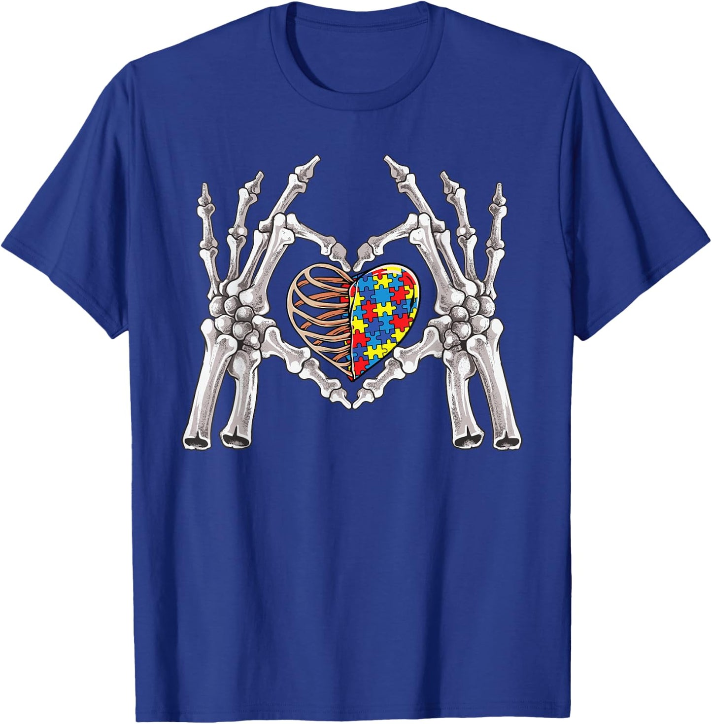 Autism Awareness Gothic Skull Hand Autism Puzzle Piece Heart T-Shirt - T-Shirt | Royal