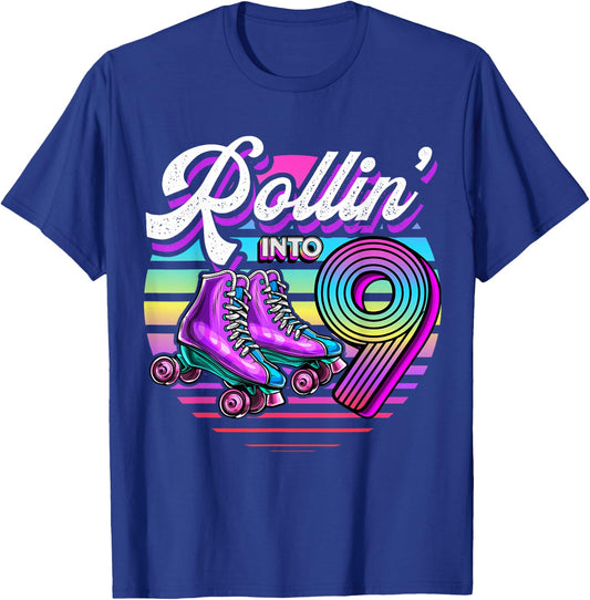 Rollin' into 9 Roller Skating Rink 9th Birthday Party Girls T-Shirt - T-Shirt | Royal