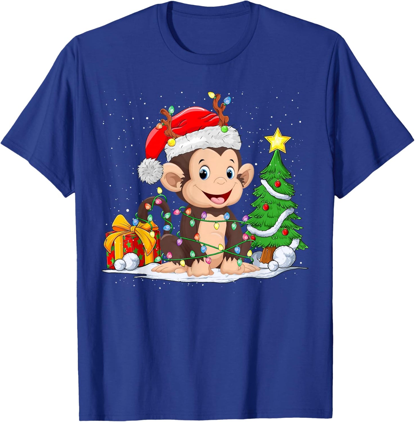 Cute Monkey Santa Christmas Tree Lights Xmas Pajama Monkey T-Shirt - T-Shirt | Royal