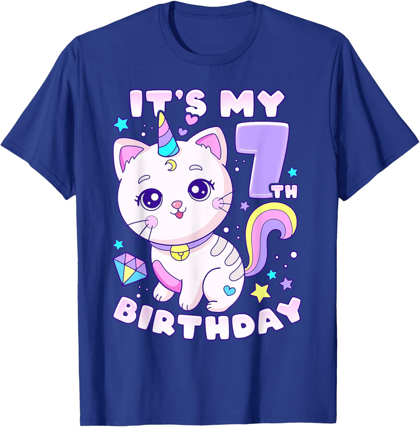 Birthday girl 7 years old, cat, unicorn, 7th birthday T-Shirt - T-Shirt | Royal