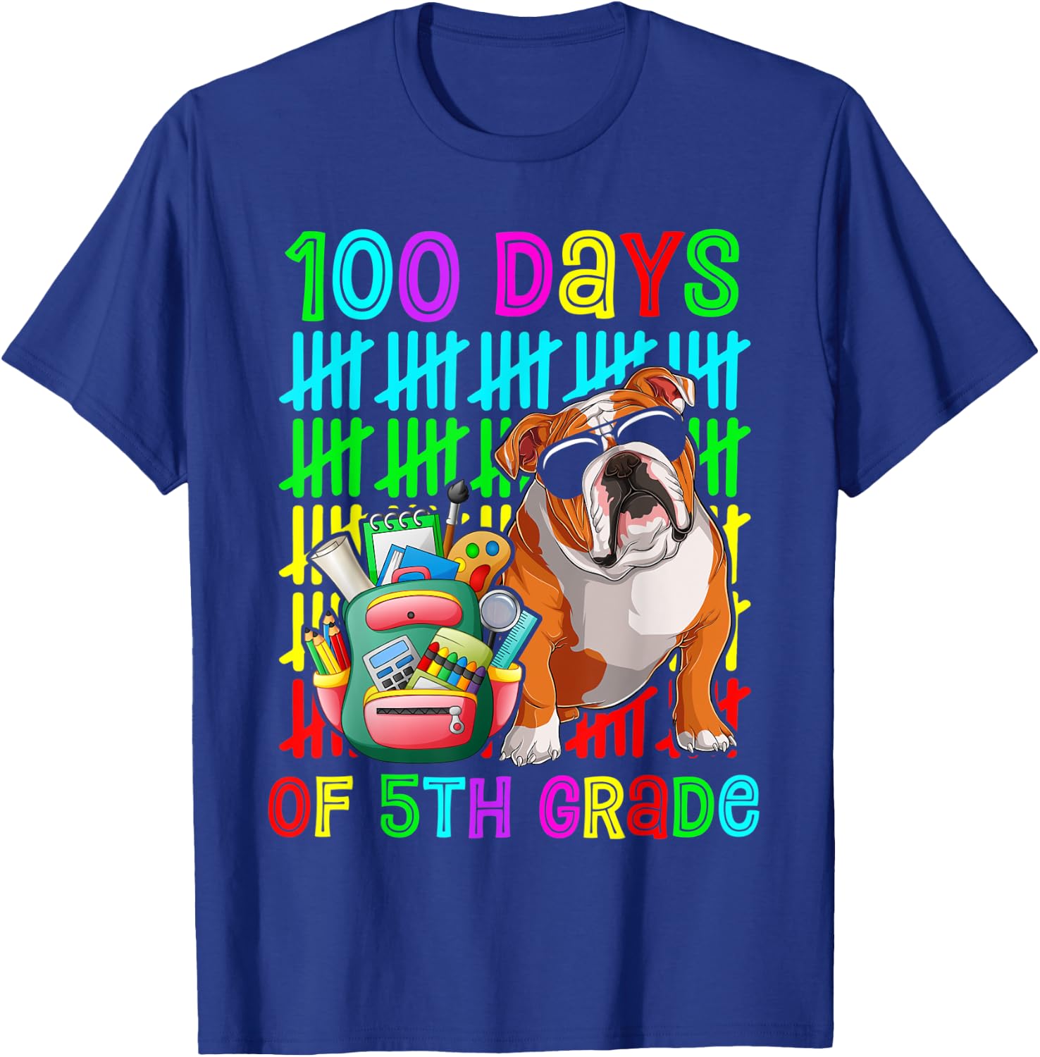 100th Day Of 5th Grade Boys Kids English Bulldog Dog Lovers T-Shirt - T-Shirt | Royal