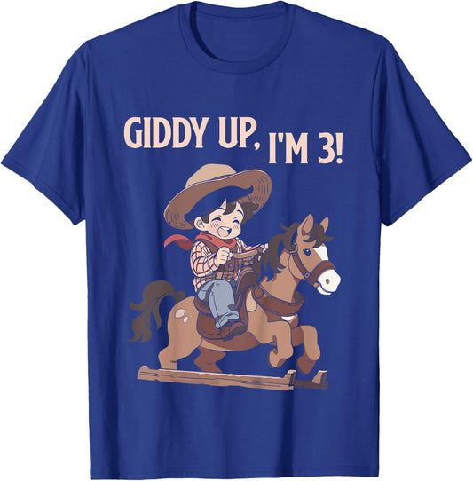 Kids Giddy Up I'm 3 Cute Horse Riding Cowboy 3rd Birthday Boys T-Shirt - T-Shirt | Royal