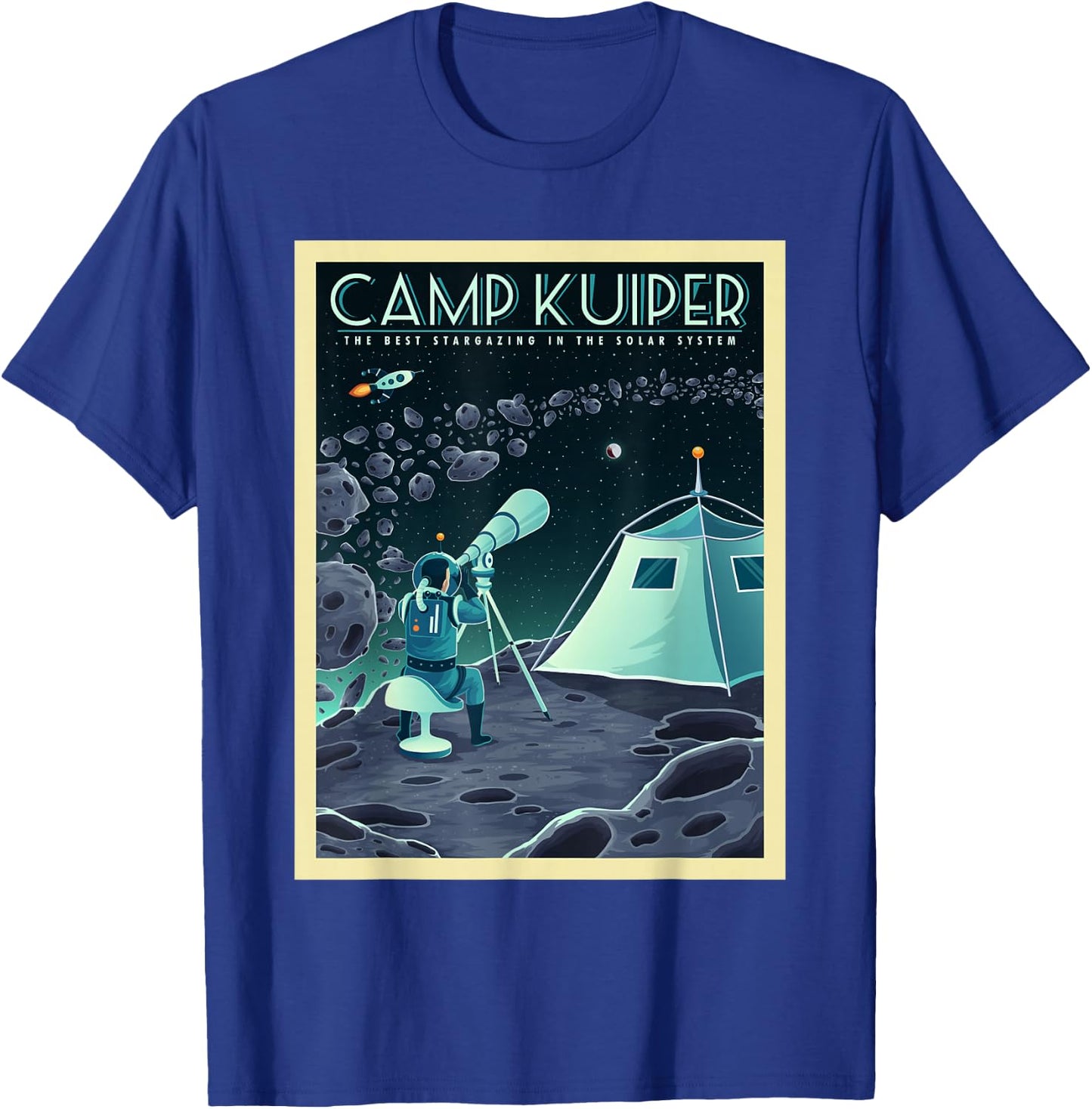 Retro Space Tourism Camp Kuiper Belt Camping Stargazing T-Shirt - T-Shirt | Royal