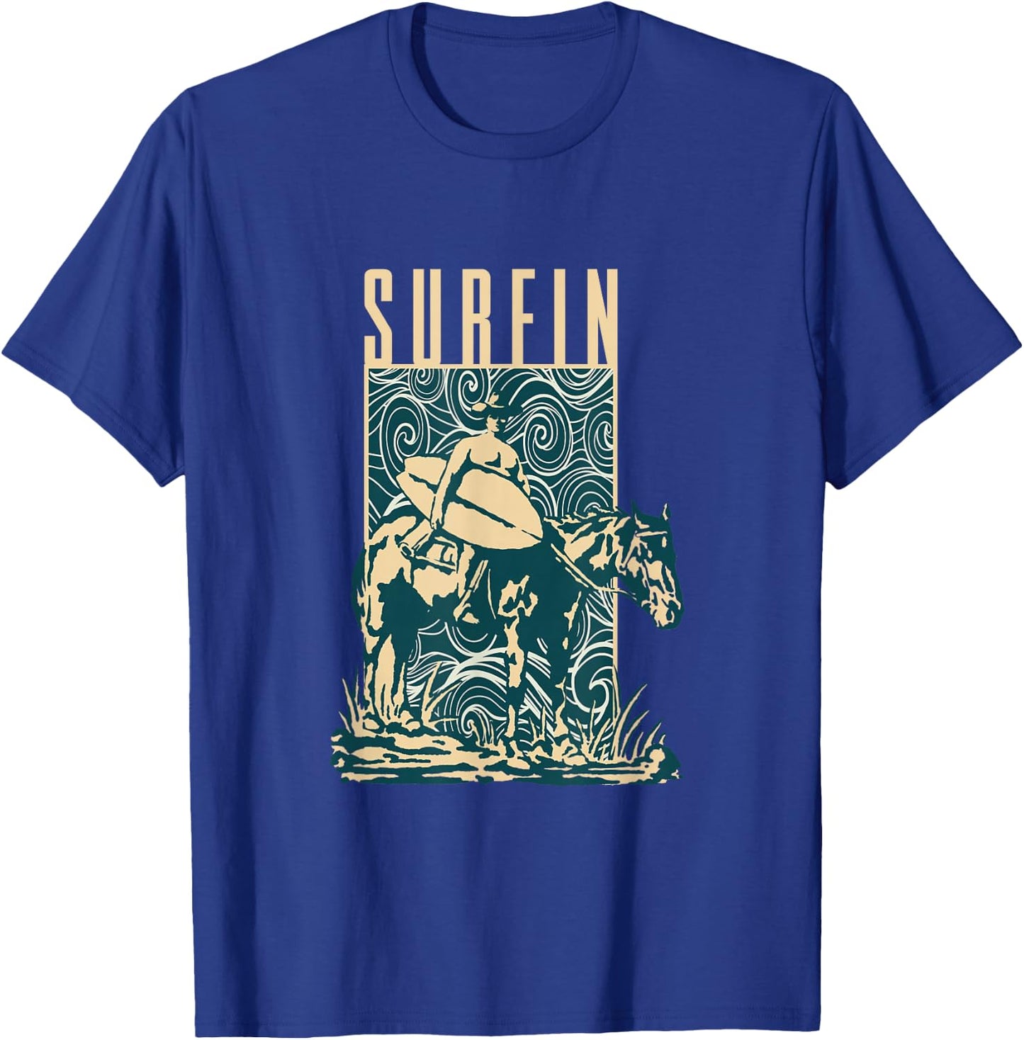 Surfin | Cowboy Cowboy With Surfboard | Surfing Surfer T-Shirt - T-Shirt | Royal
