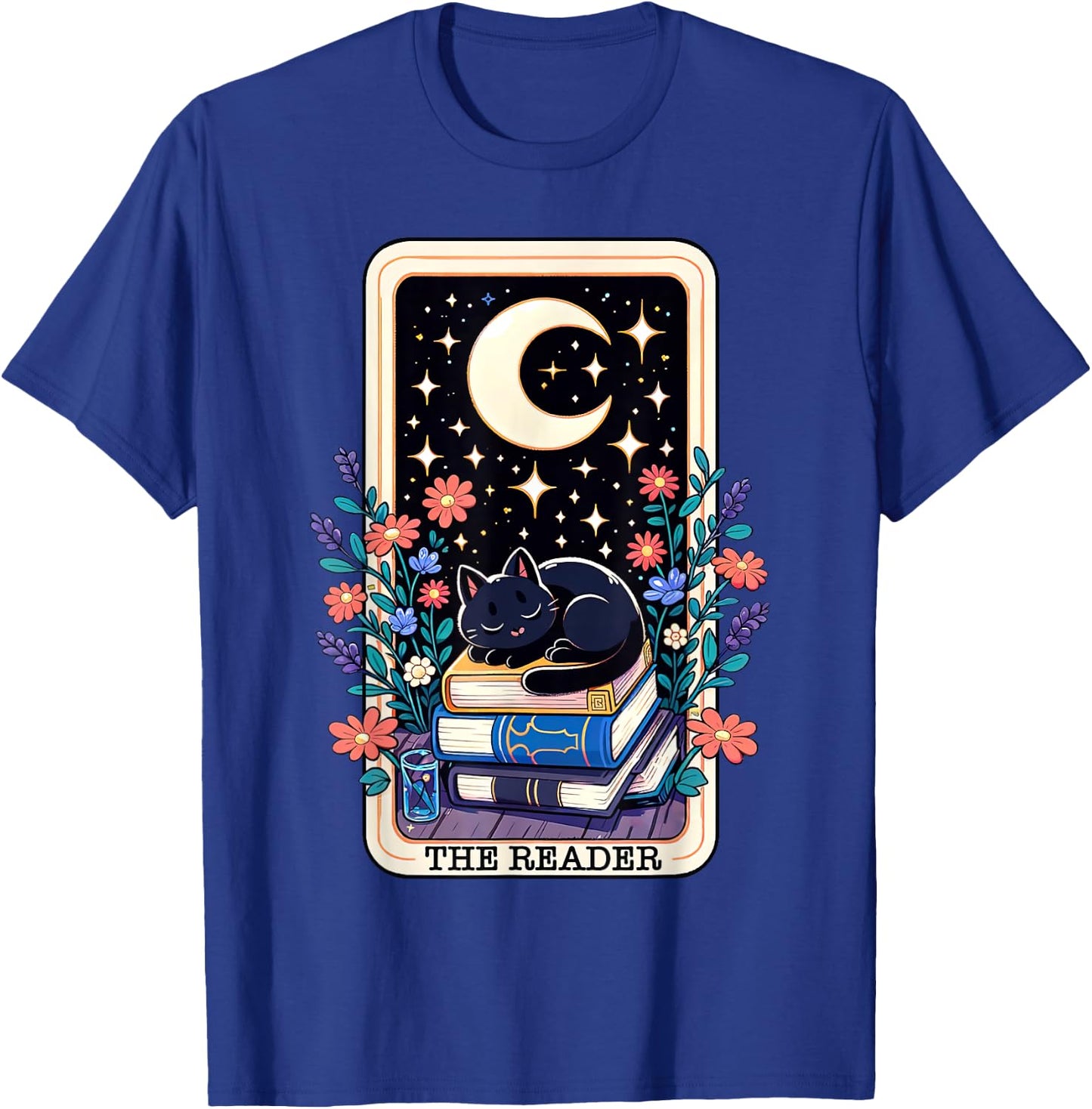The Reader Tarot Card Cute Cat On Books Stack Book Lover Men Women T-Shirt - T-Shirt | Royal