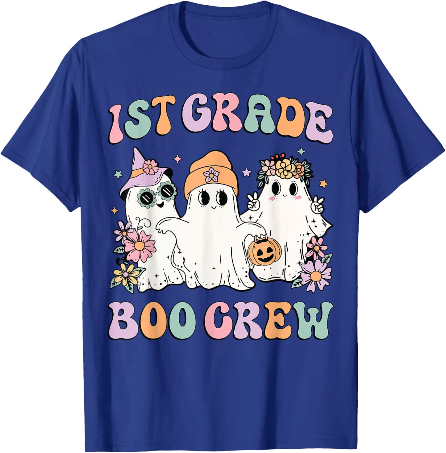 1st Grade Boo Crew Groovy Halloween Floral Ghost Kid Teacher T-Shirt - T-Shirt | Royal