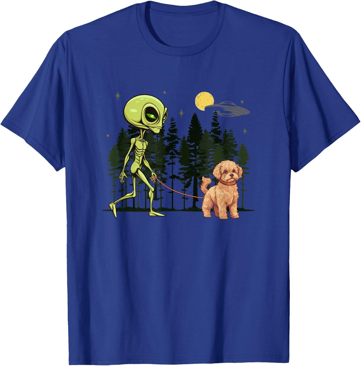 Funny Maltipoo Alien Walking UFO Pet Dog Mom Dad Women Kids T-Shirt - T-Shirt | Royal