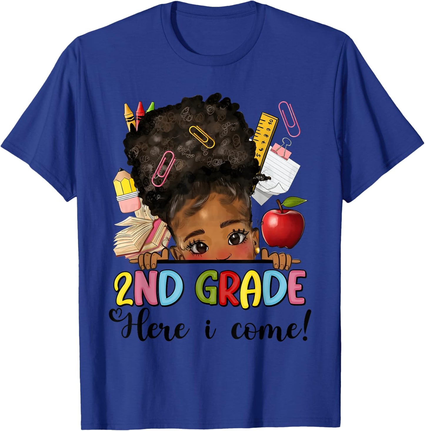 Second Grade Here I come Afro Girl Messy Bun Back to school T-Shirt - T-Shirt | Royal