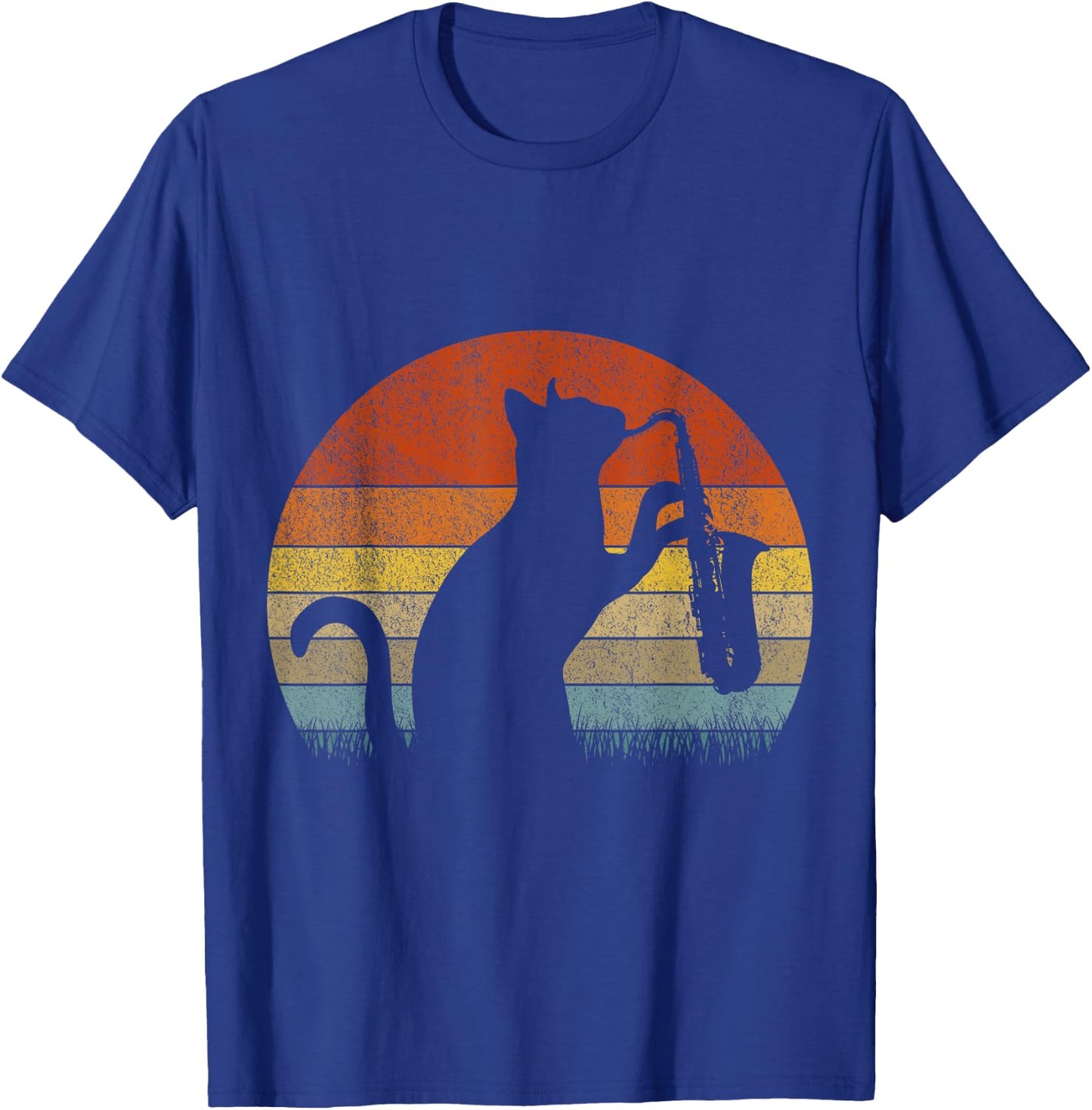 Funny Saxophone Cat Musician Jazz Music Lover Retro Vintage T-Shirt - T-Shirt | Royal