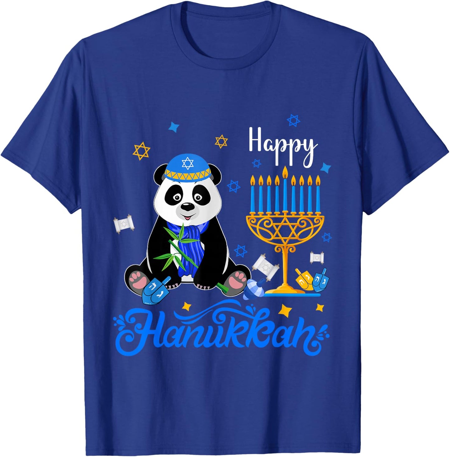 Happy Hanukkah Panda Wearing Jewish Hat Menorah Dreidel T-Shirt - T-Shirt | Royal
