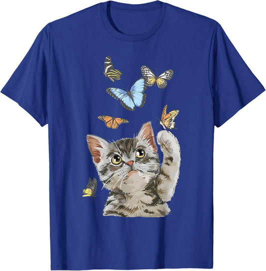 cute Kitty cat playing butterflies for lover cats kitten T-Shirt - T-Shirt | Royal