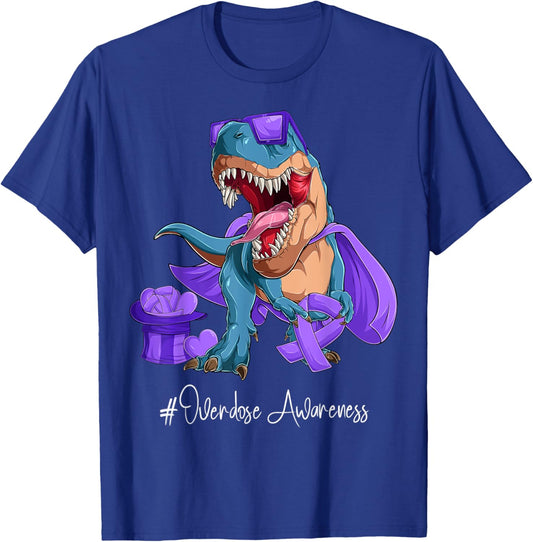 Overdose Awareness Month Purple Ribbon Trex T-Shirt - T-Shirt | Royal