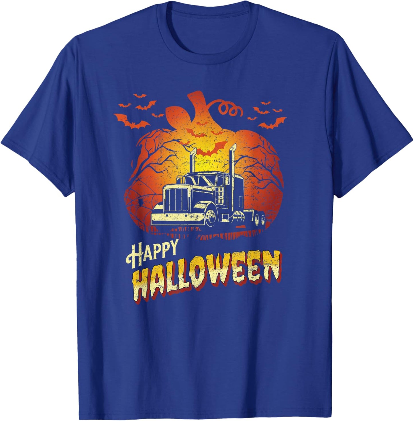 Semi Truck Silhouette Happy Halloween Truck Driver Trucker T-Shirt - T-Shirt | Royal