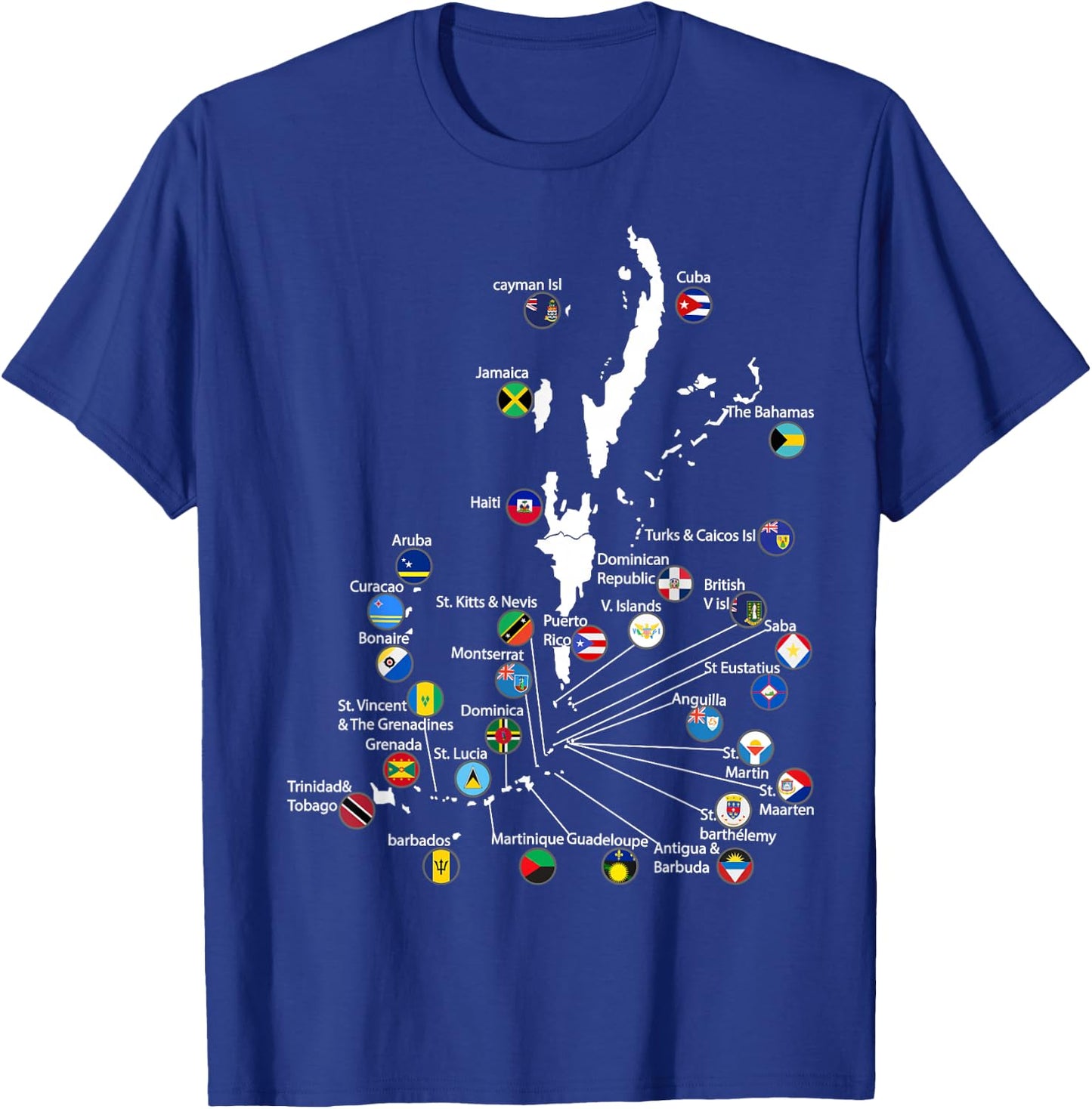 Caribbean islands Flags & map, Caribbean sea vacations T-Shirt - T-Shirt | Royal
