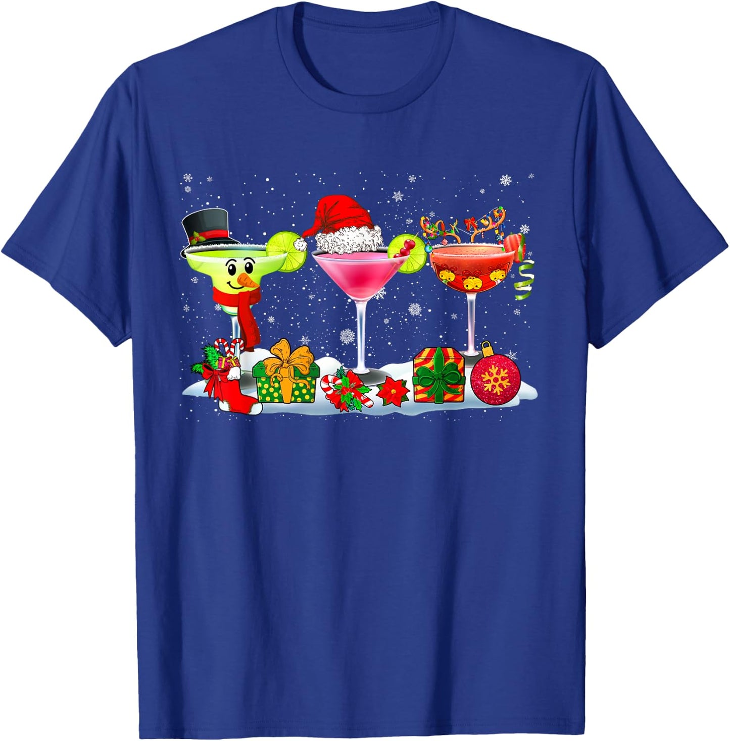 Three Santa Reindeer Snowman Glasses Of Cocktail Funny Xmas T-Shirt - T-Shirt | Royal